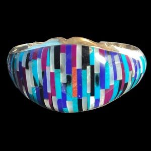 Sterling Silver Turquoise, Onyx, Lapis Lazuli & Mother Of Pearl Cuff Bracelet